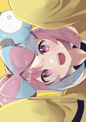  1girl blue_hair blush bow-shaped_hair commentary creatures_(company) game_freak hands_up highres iono_(pokemon) jacket long_hair looking_at_viewer multicolored_hair nintendo open_mouth oversized_clothes pink_eyes pink_hair pokemon pokemon_sv portrait sharp_teeth shitara_sunoko sideways sleeves_past_fingers sleeves_past_wrists smile solo straight-on teeth two-tone_hair yellow_jacket 
