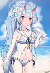 1girl beach bikini blue_archive blue_hair blue_sky blunt_bangs blurry blush breasts chise_(blue_archive) chise_(swimsuit)_(blue_archive) cleavage cloud cloudy_sky collarbone commentary_request depth_of_field hair_between_eyes halo highres horizon horns long_hair looking_at_viewer medium_breasts navel neko_huan ocean official_alternate_costume oni_horns outdoors parted_lips red_eyes sailor_collar see-through_camisole side-tie_bikini_bottom side_ponytail sidelocks simple_background sky sleeveless solo stomach striped_bikini striped_clothes swimsuit rating:Sensitive score:8 user:danbooru