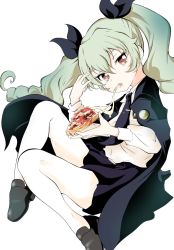  10s 1girl anchovy_(girls_und_panzer) anzio_school_uniform belt black_belt black_cape black_footwear black_necktie black_ribbon black_skirt cape commentary dress_shirt drill_hair emblem food from_side full_body girls_und_panzer green_hair hair_ribbon highres holding holding_food invisible_chair loafers long_hair long_sleeves looking_at_viewer miniskirt mouth_hold necktie pantyhose parted_lips pizza pleated_skirt red_eyes ribbon school_uniform shinsou_komachi shirt shoes simple_background sitting skirt solo tie_clip twin_drills twintails white_background white_pantyhose white_shirt  rating:Sensitive score:16 user:danbooru