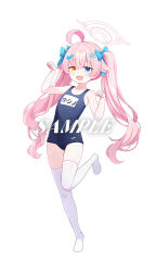 1girl ahoge alternate_hairstyle bare_arms bare_shoulders black_one-piece_swimsuit blue_archive blue_bow blue_eyes blush bow fang flat_chest full_body hair_bow hair_ornament halo hoshino_(blue_archive) long_hair name_tag one-piece_swimsuit open_mouth pink_hair pink_halo school_swimsuit simple_background skin_fang smile solo swimsuit thighhighs twintails white_background white_thighhighs yellow_eyes zcx 