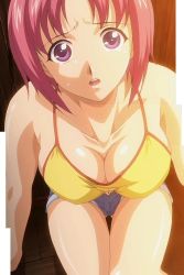  1girl breasts helter_skelter kagami_haruka large_breasts looking_at_viewer pink_hair pov purple_eyes scared screencap short_hair shorts stitched sweat third-party_edit  rating:Questionable score:30 user:azurate