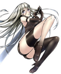  1girl android bare_shoulders black_gloves black_thighhighs elbow_gloves gloves grey_eyes highres long_hair mole mole_under_mouth nier_(series) nier:automata pecolondon silver_hair solo sword thigh_strap thighhighs weapon a2_(nier:automata) 