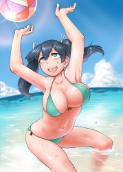  10s 1girl ball beach beachball bikini blue_eyes blue_hair blush bouncing_breasts breasts cleavage cloud day female_focus gradient_background kantai_collection large_breasts matching_hair/eyes navel ocean open_mouth outdoors sky smile solo souryuu_(kancolle) sun swimsuit toritora twintails water  rating:Sensitive score:16 user:danbooru