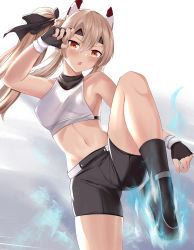  1girl :o absurdres arm_up ayanami_(azur_lane) ayanami_(dynamic_kick!)_(azur_lane) azur_lane bare_shoulders bike_shorts black_footwear black_gloves blonde_hair blush boots breasts chinese_commentary commentary_request cowboy_shot crop_top fingerless_gloves fire gloves hair_between_eyes highres long_hair midriff navel open_mouth orange_eyes paid_reward_available ponytail shirt shorts sideboob sidelocks sleeveless sleeveless_shirt small_breasts solo standing standing_on_one_leg white_shirt zdj 