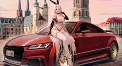  1girl :d absurdres alternate_costume audi audi_tt azur_lane bare_shoulders black_gloves black_ribbon breasts car character_name check_vehicle church cleavage clothes_writing commentary copyright_name covered_collarbone covered_navel dusk elbow_gloves fingerless_gloves full_body germany gloves hair_between_eyes hair_ribbon halle_(city) high_heels highres kcar66t large_breasts leotard license_plate location_request long_hair looking_at_viewer marktkirche_unser_lieben_frauen mole mole_under_eye motor_vehicle open_mouth outdoors parted_bangs prinz_heinrich_(azur_lane) product_placement race_queen real_world_location red_eyes red_footwear red_leotard red_nails ribbon sidelocks sitting sitting_on_car skindentation smile solo thighhighs two-tone_leotard v vehicle_request very_long_hair white_hair white_leotard white_thighhighs 