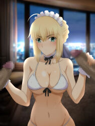  1girl 2boys absurdres artoria_pendragon_(all) artoria_pendragon_(fate) blonde_hair breasts censored closed_mouth covered_erect_nipples dark-skinned_male dark_skin fate/stay_night fate_(series) green_eyes handjob highres large_breasts maid mosaic_censoring multiple_boys pc_pc_(naruse1) saber_(fate) short_hair swimsuit 