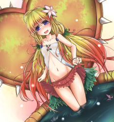 1girl :d antenna_hair bare_shoulders blonde_hair bracelet clothes_lift collarbone duel_monster dutch_angle eld_pld female_focus flower groin hair_between_eyes hair_flower hair_ornament heart jewelry kazuura_the_fascinating_fiend long_hair looking_at_viewer midriff multicolored_hair navel open_mouth purple_eyes red_hair skirt skirt_lift smile solo strapless thigh_gap thighs two-tone_hair very_long_hair wading water wet yu-gi-oh! yu-gi-oh!_duel_monsters