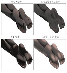  1girl close-up commentary_request feet female_focus highres multiple_views no_shoes oouso original out_of_frame pantyhose parody plantar_flexion soles style_parody toes variations white_background  rating:Sensitive score:94 user:danbooru