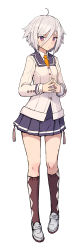  1girl ahoge argyle argyle_clothes argyle_legwear breasts bright_pupils brown_socks closed_mouth full_body hair_between_eyes highres itomi_sayaka kneehighs loafers long_sleeves looking_at_viewer own_hands_together pleated_skirt purple_eyes sailor_collar school_uniform shizuma_yoshinori shoes short_hair simple_background skirt small_breasts socks solo standing toji_no_miko white_background white_pupils  rating:Sensitive score:12 user:danbooru