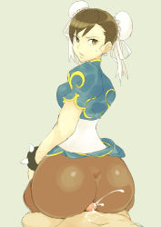 1girl absurdres ass bad_id bracelet brown_eyes brown_hair buttjob buttjob_over_clothes capcom chun-li cum cum_on_ass cum_on_body cum_on_lower_body curvy double_bun earrings ejaculation from_behind hair_bun highres huge_ass jewelry looking_back pantyhose penis revision simple_background spiked_bracelet spikes street_fighter takuto uncensored rating:Explicit score:189 user:assjob