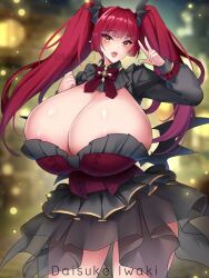 1girl areola_slip artist_name black_skirt blurry blurry_background breasts cleavage cowboy_shot curvy dress elf female_focus gigantic_breasts kisuke_i looking_at_viewer open_mouth pointy_ears puffy_sleeves red_dress red_hair shiny_skin skirt smile solo standing thick_thighs thighs twintails v wide_hips yellow_eyes  rating:Questionable score:12 user:Orphan_crippler