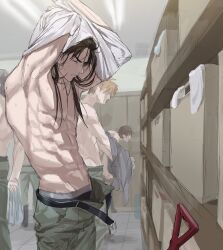  1boy abs absurdres arm_above_head armpits arms_up belt black_hair boxers chamuring closed_eyes clothes_pull from_side frown highres indoors itou_kaiji kaiji locker locker_room long_hair male_focus male_underwear multiple_boys open_belt open_pants pants pectorals shirt shirt_pull sweat underwear undressing upper_body white_shirt 