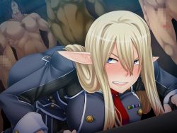 1girl 4boys all_fours anastasia_d_faizland angry blonde_hair blue_eyes blush breasts captive_market censored chest_hair clenched_teeth dutch_angle elf from_below game_cg imminent_rape indoors large_breasts lilith-soft long_hair looking_back military military_uniform multiple_boys penis pointy_ears shindol sweat teeth top-down_bottom-up uniform rating:Explicit score:70 user:olver