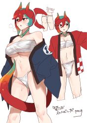  1boy 1girl :o absurdres androgynous blue_jacket blush breasts brother_and_sister chest_sarashi colored_tips commentary cropped_legs dragon_boy dragon_girl dragon_horns dragon_tail fundoshi green_hair hair_between_eyes hand_up haori heavy_breathing highres horns jacket jacket_partially_removed japanese_clothes large_breasts long_sleeves looking_to_the_side multicolored_hair multiple_views open_clothes open_jacket open_mouth original red_eyes red_hair red_horns red_jacket sakoku_(oyatsu3ji_) sarashi short_hair siblings simple_background sweat symbol-only_commentary tail translation_request twins white_background 
