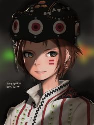 1girl 2017 artist_name black_hat blurry blurry_background blush brown_eyes brown_hair dated ear_piercing earrings eyelashes facepaint hat hone_shoukan jewelry looking_at_viewer original parted_lips piercing pink_lips portrait short_hair solo teeth traditional_clothes upper_body