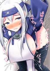10s 1girl ainu ainu_clothes bandana bent_over black_thighhighs blue_eyes blush breasts commentary_request covered_erect_nipples cropped_jacket dress folded_ponytail hanging_breasts headband implied_sex kamoi_(kancolle) kantai_collection lactation lactation_through_clothes large_breasts long_hair long_sleeves looking_back ootori_subaru open_mouth sidelocks sleeveless sleeveless_dress solo solo_focus thighhighs white_hair rating:Explicit score:27 user:danbooru