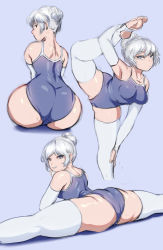 1girl ass ballerina bare_shoulders blue_eyes breasts curvy female_focus fingerless_gloves flexible gloves highres hip_focus huge_ass jlullaby legs leotard looking_at_viewer medium_breasts multiple_views rwby silver_hair smile solo spandex split thick_thighs thighhighs thighs toeless_legwear white_thighhighs wide_hips winter_schnee rating:Questionable score:664 user:DarthDaniel96