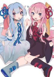  2girls black_dress black_footwear black_sleeves blue_hair blue_ribbon boots closed_mouth collared_dress dress flower_knot full_body grey_dress grey_footwear grey_sleeves hair_ribbon hands_up heart highres holding_hands interlocked_fingers knee_boots kotonoha_akane kotonoha_aoi long_hair looking_at_viewer low-tied_sidelocks multiple_girls neck_ribbon nomi_mushi open_mouth pinching_sleeves pink_eyes pink_hair red_ribbon ribbon short_dress siblings simple_background sisters sitting smile tongue tongue_out very_long_hair voiceroid yellow_ribbon 