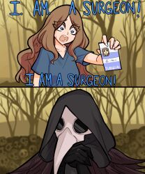  2girls 2koma absurdres blue_eyes brown_hair card centurii-chan_(artist) comic crying crying_with_eyes_open english_text forest highres holding holding_card i_am_a_surgeon_(meme) id_card long_hair medical_scrubs meme multiple_girls nature original parody plague_doctor plague_doctor_mask shouting skull tears the_good_doctor  rating:General score:13 user:danbooru
