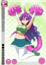  1girl adapted_costume armpits arms_up blue_skirt breasts card_(medium) card_parody character_name cheerleader closed_mouth commentary_request crop_top fake_screenshot frilled_skirt frills full_body green_footwear green_tank_top hair_between_eyes holding holding_pom_poms horns jumping large_breasts lizard_tail loafers long_bangs long_hair looking_at_viewer midriff navel pink_horns pom_pom_(cheerleading) pom_poms purple_hair red_eyes shirosato shoes single_horn skirt smile solo tail tank_top tenkajin_chiyari thighhighs touhou very_long_hair wavy_hair white_thighhighs 