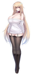  1girl bare_shoulders belt_collar blonde_hair blush boots breasts cleavage closed_mouth collar commentary_request full_body garter_straps highres huge_breasts kubiwa_(kutan) kutan long_hair looking_at_viewer low_neckline off-shoulder_sweater off_shoulder original red_collar red_eyes simple_background solo standing sweater thighhighs very_long_hair white_background white_sweater  rating:Sensitive score:5 user:danbooru
