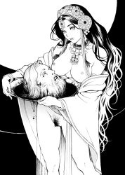  1girl beard black_hair breasts breasts_out contrapposto eyelashes facial_hair facing_viewer feet_out_of_frame functionally_nude gold greyscale hair_ornament izayoi_seishin jewelry john_the_baptist long_hair looking_at_viewer medium_breasts monochrome mustache necklace nipples no_bra no_panties off_shoulder parted_bangs parted_lips pubic_hair salome severed_head standing tray uncensored very_long_hair 