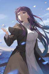  1girl absurdres black_coat blue_sky blunt_bangs blurry blurry_background breasts bright_pupils buttons closed_mouth coat collar dress eruthika falling_petals fern_(sousou_no_frieren) frilled_collar frills highres hood hood_down hooded_coat large_breasts long_coat long_dress long_hair long_sleeves looking_to_the_side outdoors petals purple_eyes purple_hair sidelocks sky solo sousou_no_frieren straight_hair white_dress white_pupils 