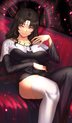  1girl breasts fate_(series) female_focus full_body halo halo_behind_head jewelry large_breasts long_hair necklace nun sessyoin_kiara sitting smile solo thick_thighs thighhighs thighs  rating:Questionable score:27 user:MrMan89