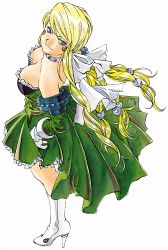  1girl aa_megami-sama bad_link bare_shoulders blonde_hair blue_eyes breasts choker cleavage dress eyeshadow facial_mark frilled_dress frills fujishima_kousuke gloves green_dress hagall hair_ornament hand_on_own_hip highres large_breasts long_hair makeup official_art smile standing strapless strapless_dress white_background white_footwear white_gloves 