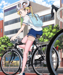 1girl backpack bag bakuon!! bicycle bicycle_helmet blonde_hair building closed_mouth cloud cloudy_sky day dot_nose female_focus helmet highres orange_eyes outdoors pink_thighhighs school_uniform serafuku shoes short_sleeves sitting sky solo stitched suzunoki_rin thighhighs third-party_edit tree
