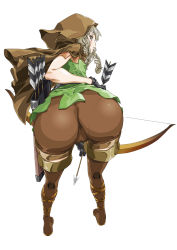 1girl arrow_(projectile) ass bad_id bad_pixiv_id bent_over boots bow_(weapon) braid cameltoe cloak cross-laced_footwear dragon&#039;s_crown elf elf_(dragon&#039;s_crown) foreshortening from_behind full_body gloves highres huge_ass long_hair looking_back pantylines pointy_ears quiver rantia red_eyes short_sleeves shorts simple_background solo standing thigh_boots thighhighs tunic twin_braids vanillaware weapon white_background rating:Questionable score:267 user:danbooru