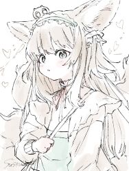 1girl animal_ear_fluff animal_ears arknights black_cat blonde_hair blush cardigan cat commentary creature_on_head crossover fox_ears fox_girl fox_tail frilled_hairband frills green_eyes green_hairband green_skirt hair_ornament hair_scrunchie hairband heart heixiu highres kitsune kyuubi long_hair long_sleeves looking_at_viewer luo_xiaohei_zhanji multiple_tails neck_ribbon official_alternate_costume open_cardigan open_clothes pale_color parted_lips puffy_long_sleeves puffy_sleeves ribbon scrunchie shirt skirt sutoa suzuran_(arknights) suzuran_(spring_praise)_(arknights) symbol-only_commentary tail upper_body rating:General score:2 user:danbooru