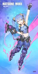 1girl absurdres arm_up armpits artist_name bad_id bad_twitter_id bare_shoulders black_gloves blue_eyes blue_hair blue_shirt bracer breasts character_name commentary cosplay finger_on_trigger fingerless_gloves full_body gloves gradient_hair gun hair_between_eyes hair_ornament hand_up hatsune_miku headphones highres holding holding_gun holding_weapon hose inline_skates long_hair looking_at_viewer lucio_(overwatch) lucio_(overwatch)_(cosplay) medium_breasts midriff multicolored_hair navel open_mouth overwatch overwatch_1 purple_hair roller_skates shirt skates sleeveless smile sohn_woohyoung solo star-shaped_pupils star_(symbol) stomach symbol-shaped_pupils tank_top teeth twintails very_long_hair vocaloid waving weapon rating:Sensitive score:21 user:danbooru