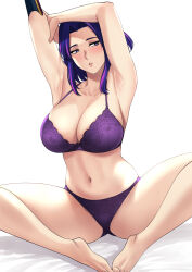  1girl armpits arms_up bare_legs blush boku_no_hero_academia bra breasts embarrassed highres lace lace_trim lady_nagant large_breasts legs_apart looking_at_another navel panties pants presenting_armpit purple_bra purple_eyes purple_hair purple_panties purple_pants raised_eyebrows short_hair shy simple_background solo spread_legs thai_commentary thick_thighs thighs underwear underwear_only white_background xter  rating:Sensitive score:166 user:danbooru