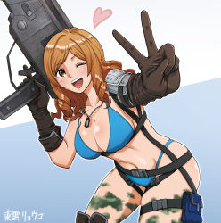 1girl ;d absurdres artist_request bikini black_gloves blue_bikini blush breasts brown_eyes brown_hair cleavage drill_hair female_focus fungami_(meganeoux) gloves groin gun heart highres holding holding_weapon jewelry large_breasts leaning leaning_forward looking_at_viewer navel necklace one_eye_closed open_mouth outstretched_arm round_teeth school_girl_strikers shinonome_ryouko smile solo standing swimsuit teeth two-tone_background v weapon wink rating:Questionable score:8 user:danbooru