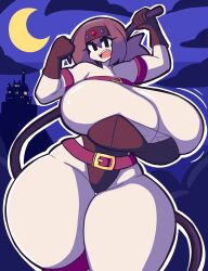 1girl belt black_eyes breasts brown_hair brown_leotard bursting_breasts castle castlevania_(series) cleavage female_focus gensin gigantic_breasts holding holding_whip leotard moon night outline pale_skin shiny_skin skindentation solo thick_thighs thighs whip white_outline wide_hips