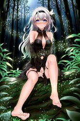  1girl barefoot blue_eyes blush breasts cleavage feet firefly_(honkai:_star_rail) forest hairband highres honkai:_star_rail honkai_(series) long_hair looking_at_viewer nature panties pantyshot soles toes underwear white_hair 