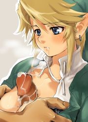        1girl blonde_hair blue_eyes blush grabbing_another&#039;s_breast breasts censored cum cum_in_mouth cum_on_body cum_on_breasts cum_on_upper_body earrings genderswap jewelry link nintendo open_clothes open_shirt paizuri penis pixiv_thumbnail pointless_censoring pointy_ears resized shirt the_legend_of_zelda yajiro_masaru  rating:Explicit score:63 user:danbooru