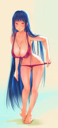 1girl :o bare_arms bare_legs bare_shoulders barefoot bikini bikini_pull blue_hair blush breasts cleavage clothes_pull contrapposto full_body gluteal_fold gradient_background highres large_breasts leaning_forward long_hair looking_at_viewer noccu purple_bikini purple_eyes solo standing swimsuit very_long_hair rating:Sensitive score:36 user:danbooru