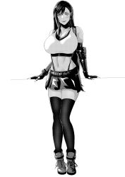  1girl absurdres bare_shoulders black_hair black_skirt black_thighhighs boots breasts collarbone commentary elbow_gloves final_fantasy final_fantasy_vii final_fantasy_vii_remake forehead full_body gloves greyscale highres huge_breasts iwao178 large_breasts looking_at_viewer monochrome navel parted_bangs parted_lips simple_background skirt smile solo square_enix standing suspender_skirt suspenders thighhighs tifa_lockhart white_background  rating:Sensitive score:97 user:danbooru
