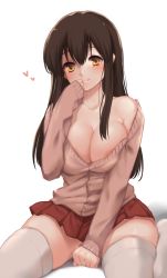 10s 1girl akagi_(kancolle) bare_shoulders between_legs blush breasts brown_eyes brown_hair buttons cleavage collarbone eyebrows fukuroumori hand_between_legs heart highres kantai_collection large_breasts long_hair off_shoulder simple_background sitting skirt smile solo sweater thighhighs wariza white_thighhighs rating:Questionable score:26 user:danbooru
