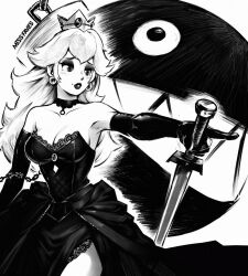  1girl 1other artist_name black_choker black_dress breasts chain_chomp choker cleavage crown dress earrings elbow_gloves gloves holding holding_sword holding_weapon jewelry large_breasts lipstick makeup mario_(series) miss_faves monochrome nintendo pointing princess_peach sharp_teeth sword teeth weapon 