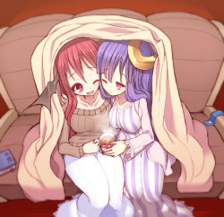  2girls ;) ;d alternate_costume arm_around_shoulder bat_wings blanket blush book breasts cheek-to-cheek collarbone couch crescent crescent_hair_ornament cup dress hair_ornament hat head_wings heads_together koakuma kuresento large_breasts light_smile long_hair long_sleeves mug multiple_girls one_eye_closed open_mouth patchouli_knowledge purple_eyes purple_hair red_eyes red_hair ribbed_sweater shared_blanket sitting smile sweater touhou wings wink  rating:Sensitive score:10 user:danbooru