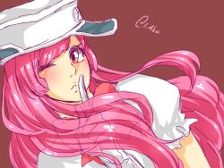  1girl artist_name bleach finger_to_mouth gloves hat long_hair looking_at_viewer meninas_mcallon military military_uniform peaked_cap pink_eyes pink_hair quincy_(bleach) solo uniform utsu_46 wink  rating:Sensitive score:17 user:gabbad