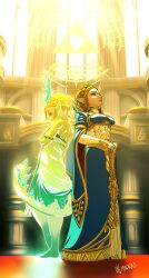  1girl antlers armlet blonde_hair blue_dress braid crown_braid dragon_girl dragon_tail dress dual_persona earrings highres horns jewelry looking_afar madras nintendo pointy_ears princess_zelda short_hair spoilers strapless strapless_dress tail the_legend_of_zelda the_legend_of_zelda:_tears_of_the_kingdom triforce white_dress wide_sleeves 
