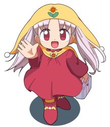  1girl :d boots cape cocia_(kosianko) commentary_request dress hat holding holding_suitcase jester_cap long_hair looking_at_viewer magical_girl open_mouth pantyhose pink_hair princess_silver red_eyes red_robe robe smile suitcase twintails waving yellow_cape yellow_hat yellow_pantyhose yume_no_crayon_oukoku 