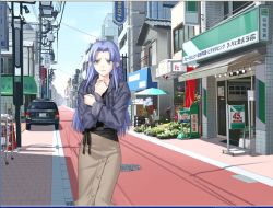  00s 1girl blue_hair braid brick_floor car casual cityscape day fate/hollow_ataraxia fate/stay_night fate_(series) flower game_cg jacket long_hair long_skirt long_sleeves medea_(fate) motor_vehicle official_alternate_costume pointy_ears power_lines road shadow sign skirt sky solo street takeuchi_takashi tile_wall tiles umbrella utility_pole vehicle  rating:Sensitive score:3 user:danbooru