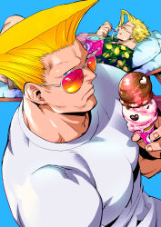  2boys alternate_costume bara charlie_nash eating food from_above guile heart holding holding_food holding_ice_cream ice_cream large_pectorals looking_over_eyewear male_focus mature_male multiple_boys muscular muscular_male pectorals saida_nika solo_focus street_fighter sunglasses upper_body 
