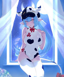  1girl animal_ears animal_print bare_shoulders blue_hair blush breasts catura_(granblue_fantasy) cow_ears cow_girl cow_hat cow_horns cow_print cow_tail curtains draph ear_piercing full_moon granblue_fantasy highres horns large_breasts leotard long_hair looking_at_viewer moon night night_sky open_mouth piercing pointy_ears shousumi_(ljayxh) sitting sky solo tail thighhighs thighs white_leotard white_thighhighs window yellow_eyes 