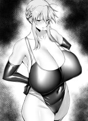  1girl absurdres arind_yudha artoria_pendragon_(fate) artoria_pendragon_(lancer)_(fate) bare_shoulders black_one-piece_swimsuit blush breasts cleavage collarbone covered_navel elbow_gloves fate/grand_order fate_(series) gloves greyscale hands_on_own_hips highleg highleg_swimsuit highres huge_breasts looking_at_viewer medium_hair monochrome one-piece_swimsuit parted_lips sidelocks solo swimsuit 